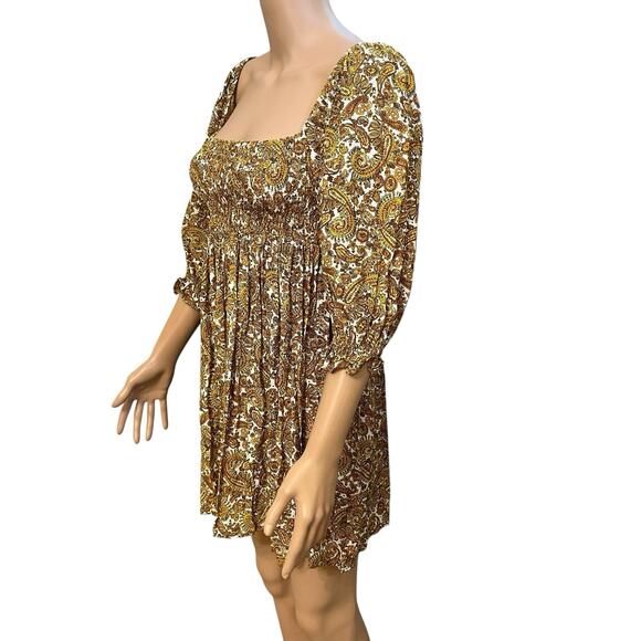 Faithfull The Brand Alina Smocked Mini Dress Size 4 Paisley Puff Sleeve Babydoll - Picture 3 of 10